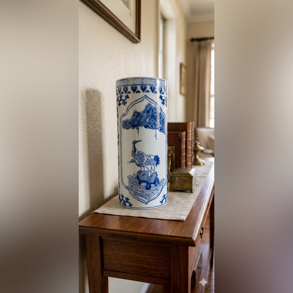 Vintage Chinese blue and white porcelain sleeve vase
